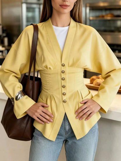 Pleated Waist Blouse with Button Detail
