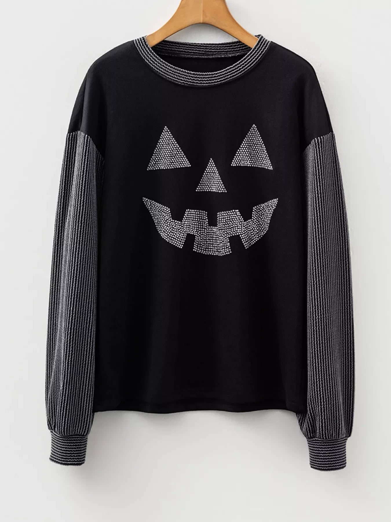 Halloween Rhinestone Pumpkin Face Contrast Ribbed Long Sleeve Patchwork Top