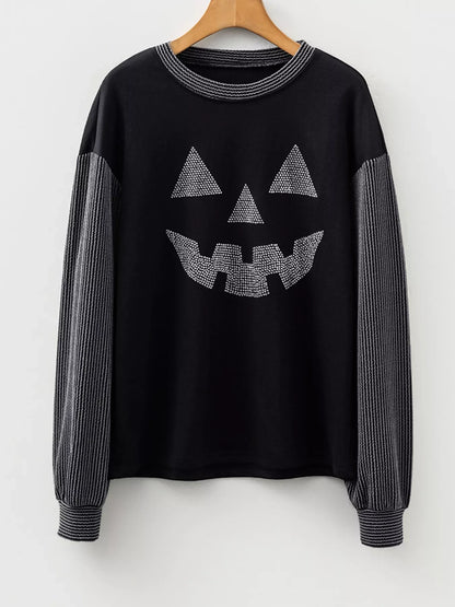 Halloween Rhinestone Pumpkin Face Contrast Ribbed Long Sleeve Patchwork Top