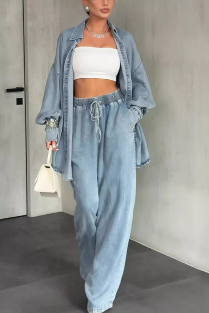 Wash Button Up Shirt and Wide-Leg Pants Denim Set