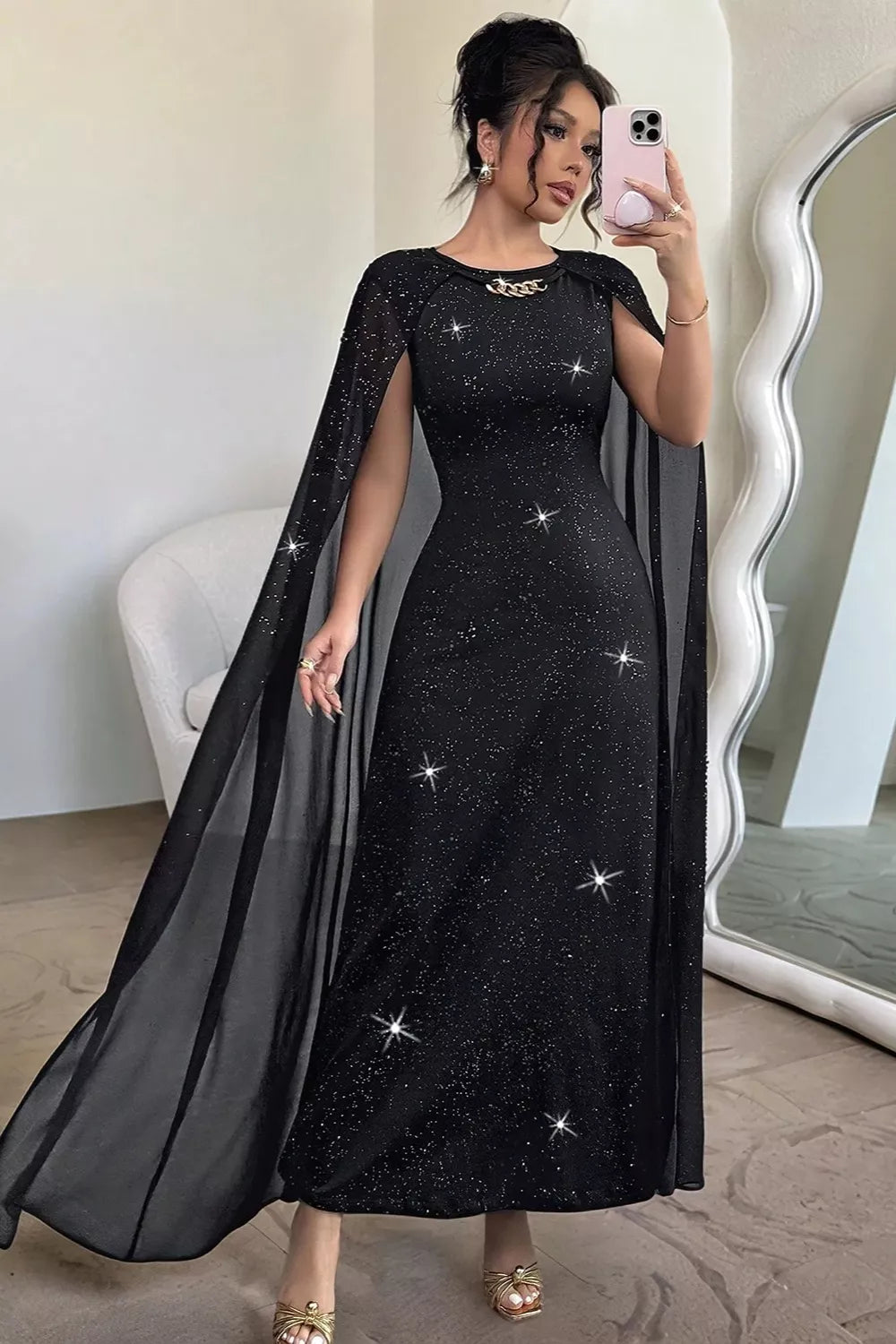 Glitter Cape-Sleeve Maxi Dress
