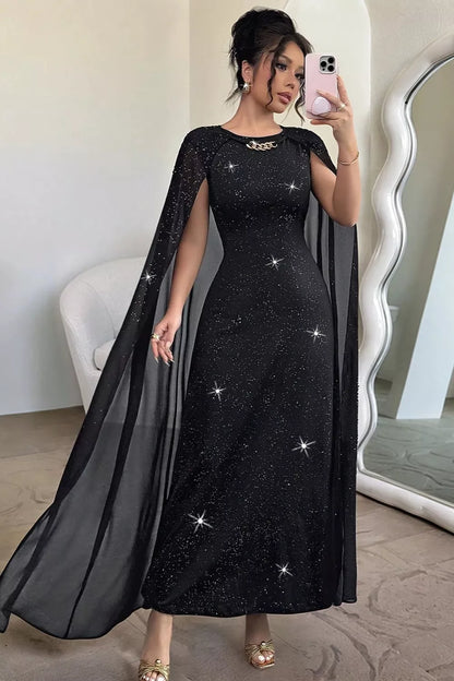 Glitter Cape-Sleeve Maxi Dress