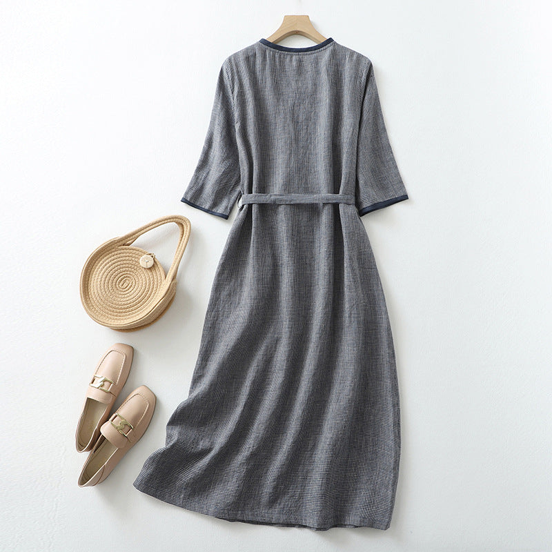 Cotton linen plaid v-neck tie casual dress