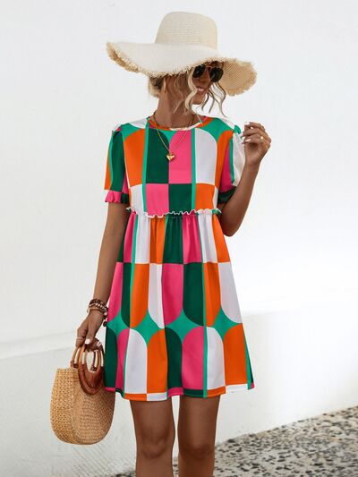 Blue Zone Planet | Geometric Frill Round Neck Short Sleeve Dress