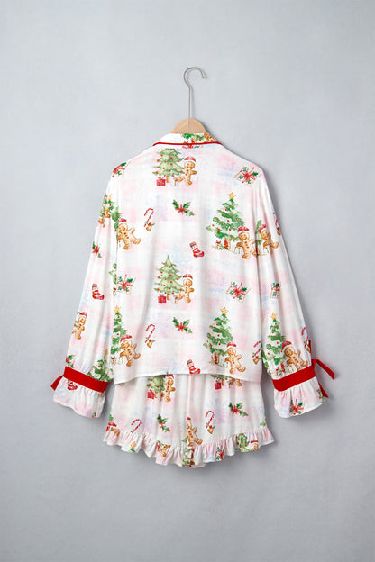 Pink Abstract Christmas Print Long Sleeve Two Piece Shift Lounge Set
