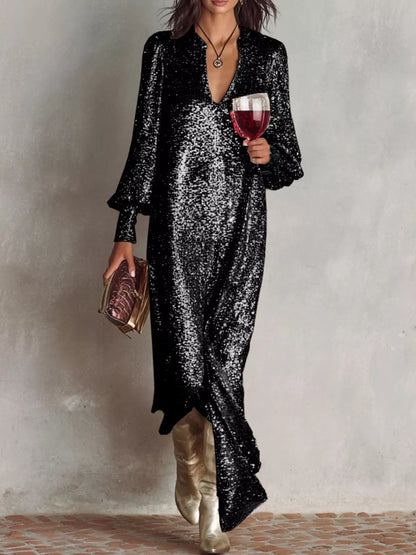 Aria's Sequin Notched Lantern Sleeve Maxi Dress