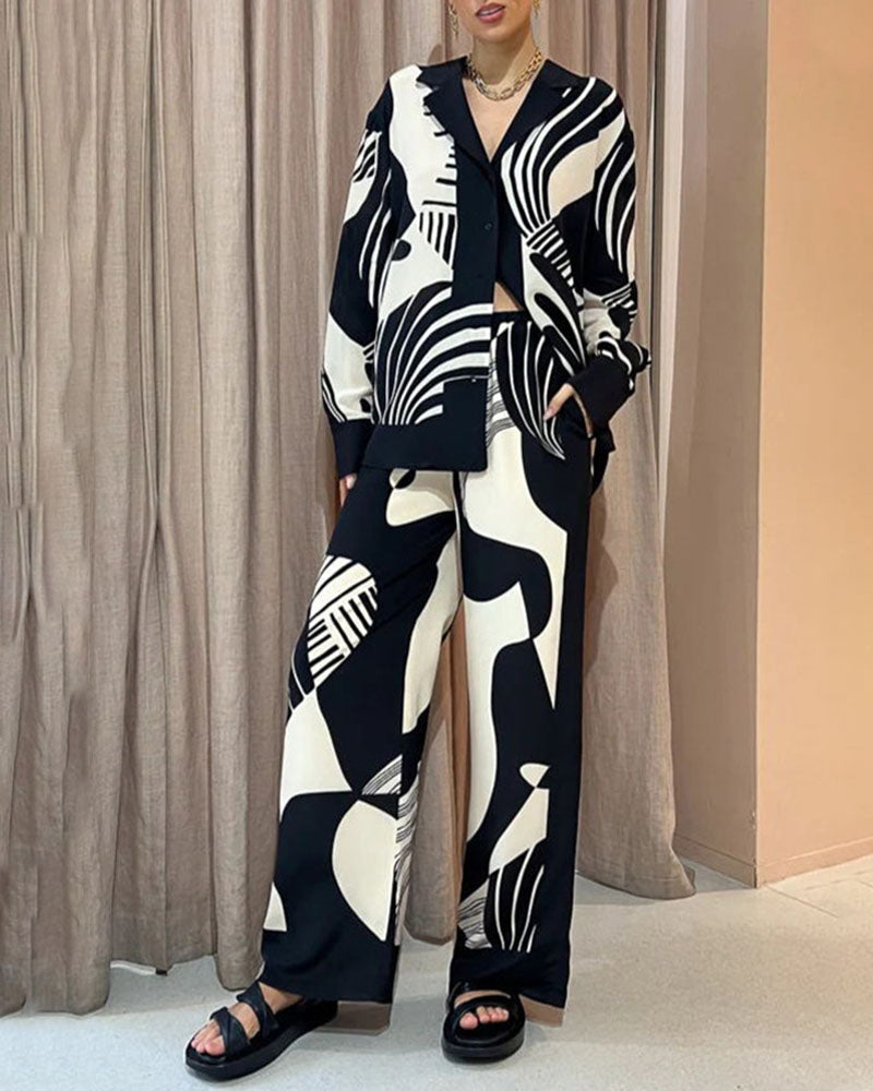 Black and white printed lapel loose two-piece set