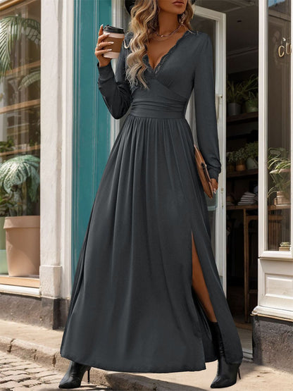 Blue Zone Planet | Lace Detail Slit V-Neck Long Sleeve Dress