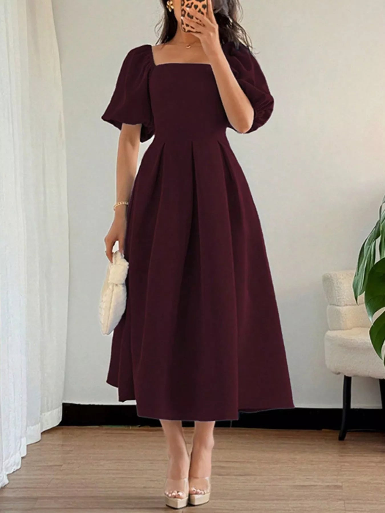 Square Neck Flutter Sleeve Midi Dress