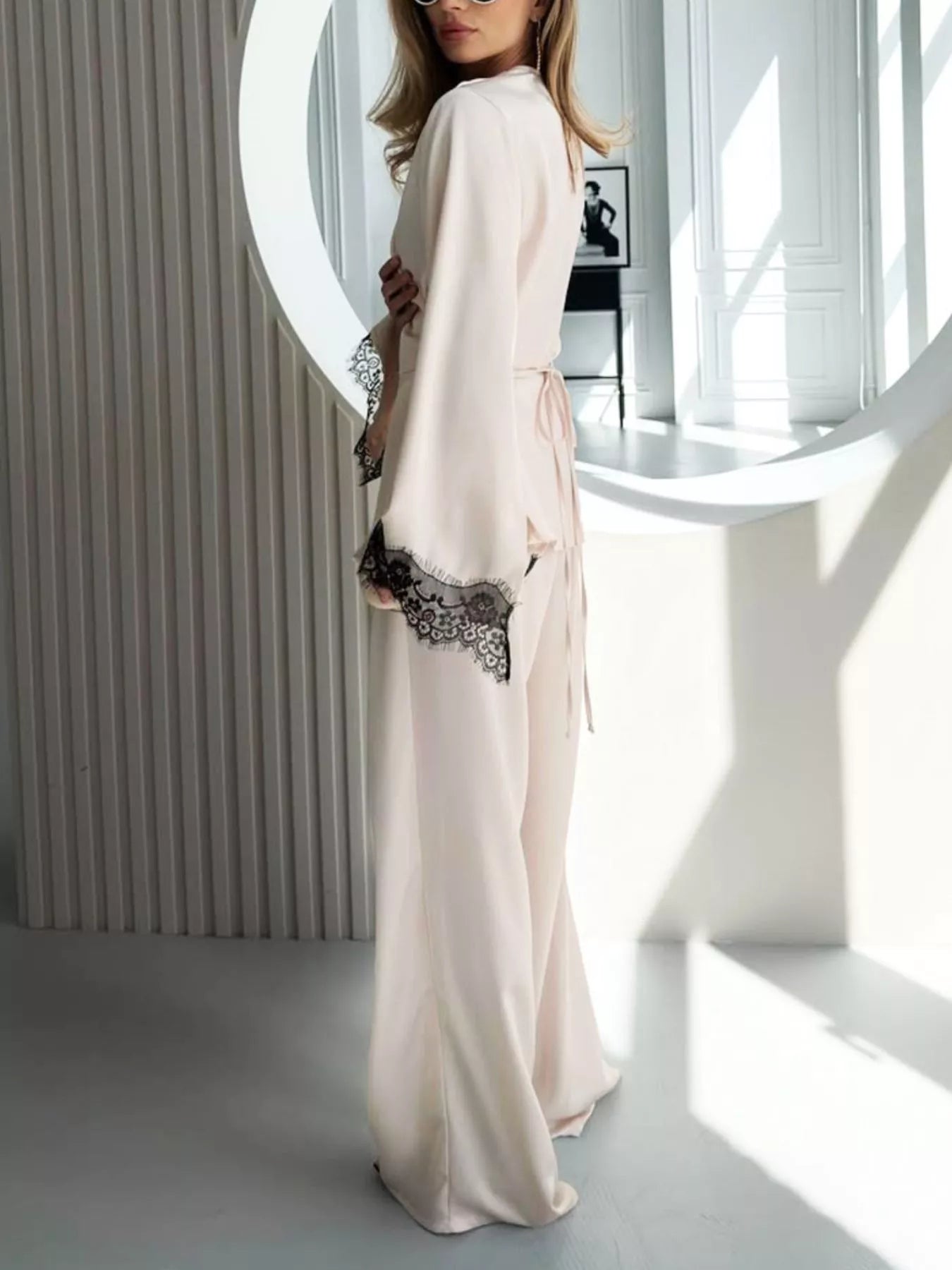 Lace Trim Wrap Top and Pants Set