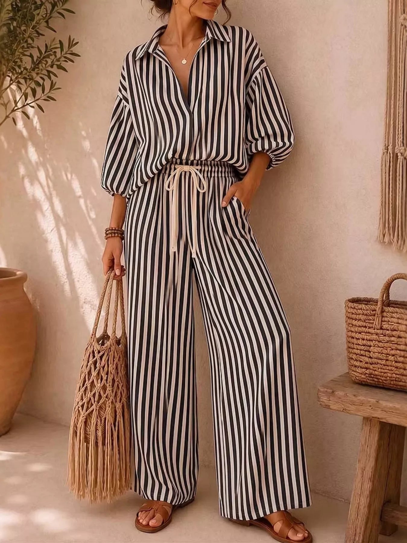 : Plus Size Striped Puff Sleeve Shirt & Wide-Leg Pants Set