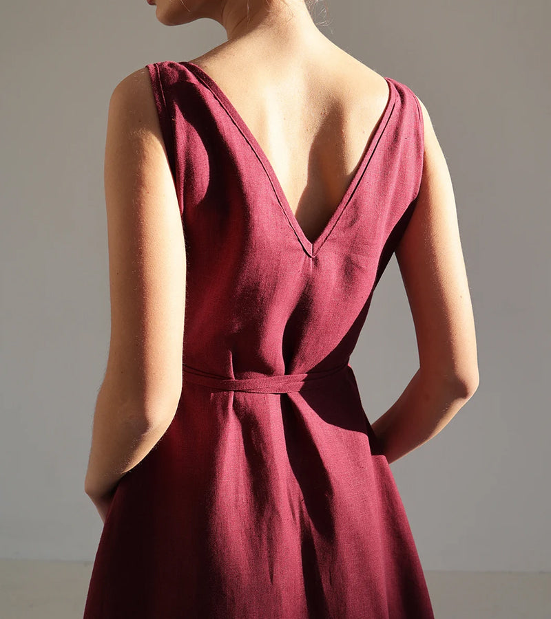 Burgundy Solid Color Linen Wrap Dress