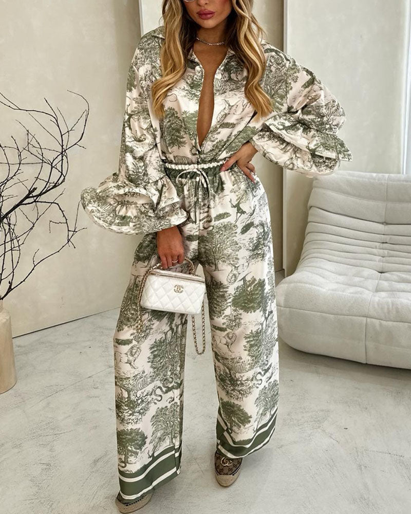 Ruffle sleeve animal forest print two-piece set