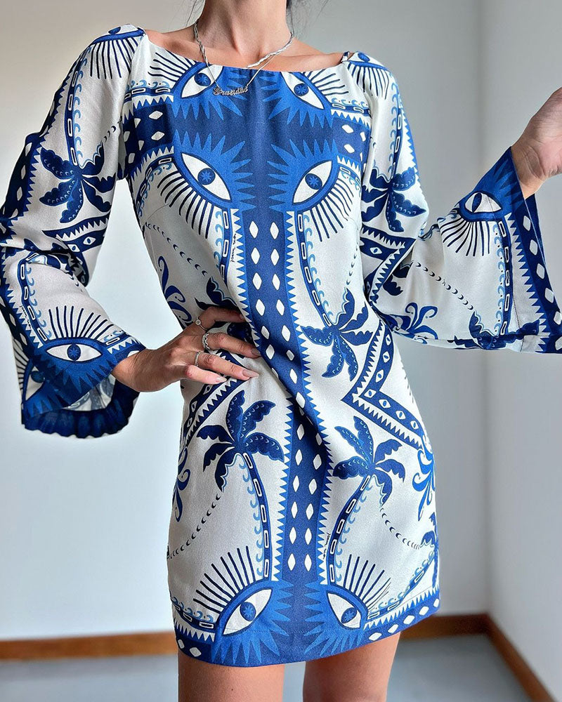 Blue Mysterious Eyes Print Mini Dress