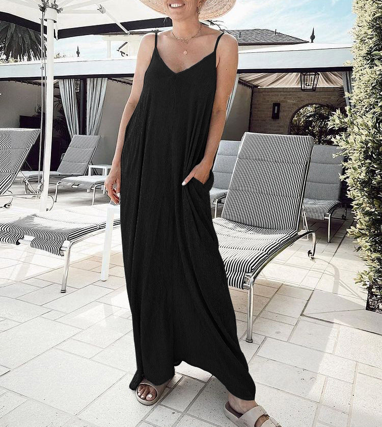 Summer suspenders solid color maxi dress