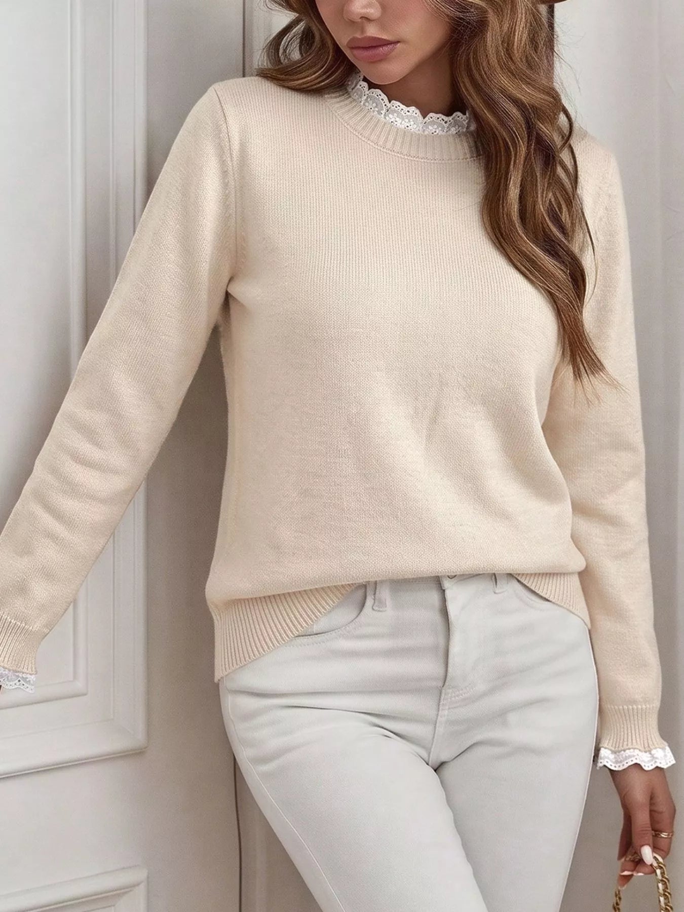 Elegant Lace Trim Round Neck Sweater