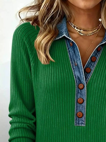 Denim Trim Ribbed Knit Top | Plus Size