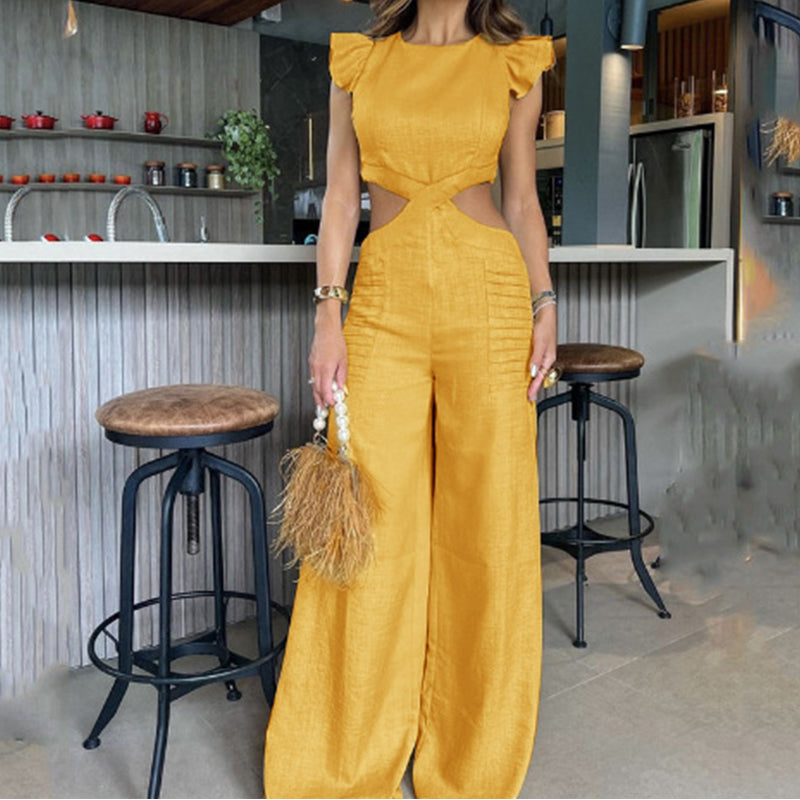 Summer round neck ruffled loose jumpsuit