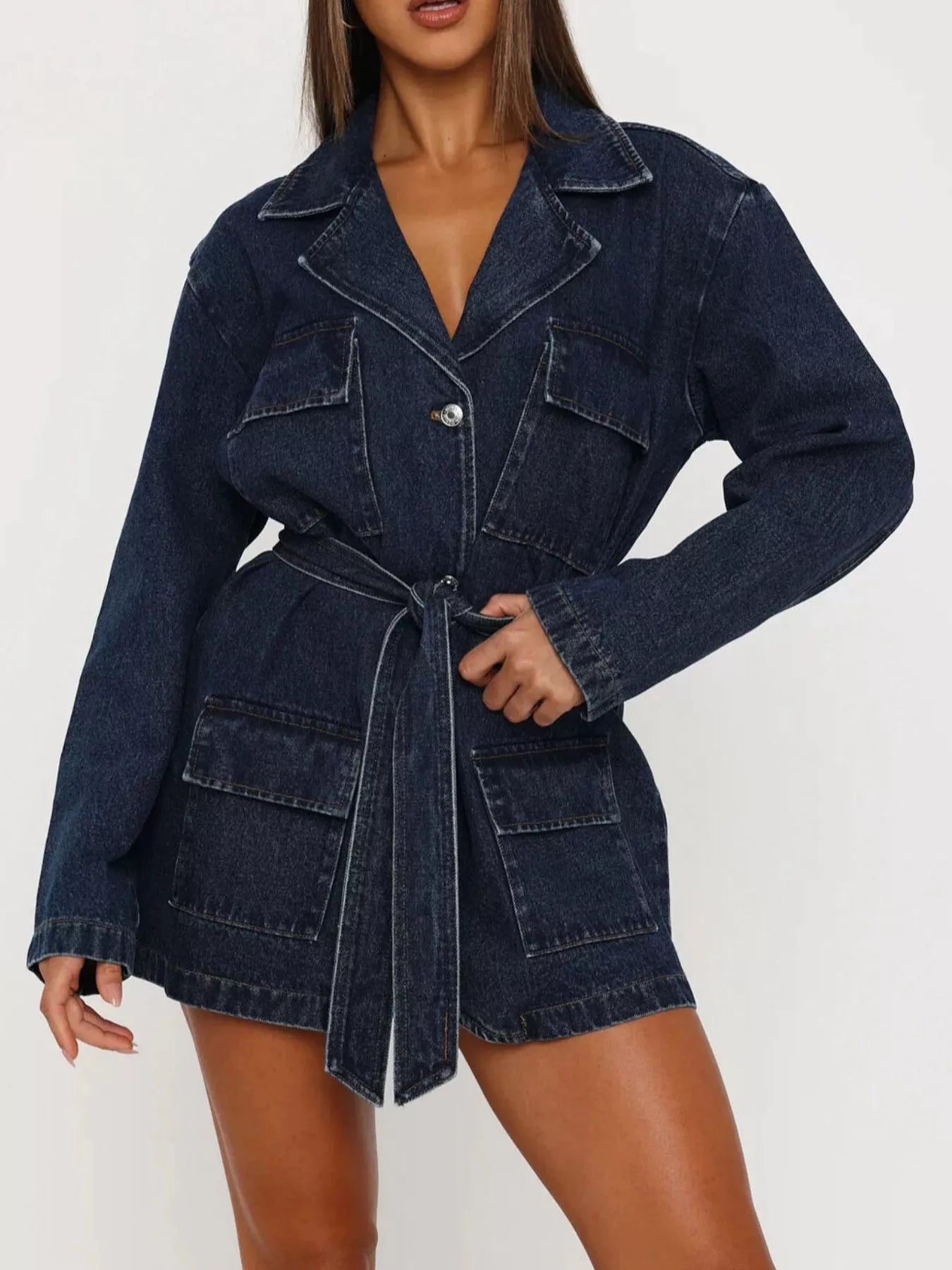 Long Sleeve Longline Denim Jacket with Belt