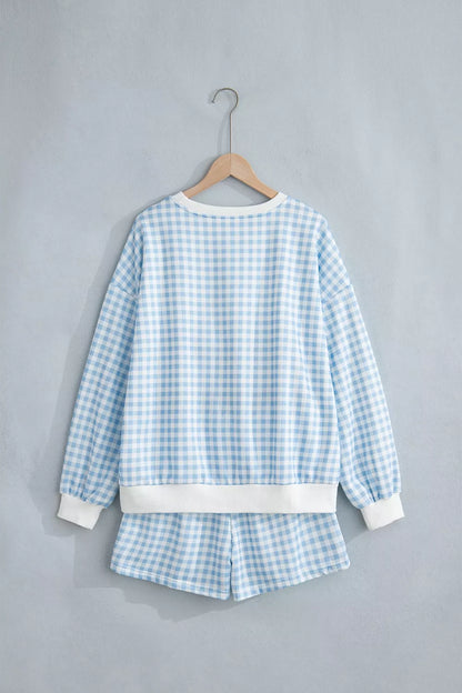 Gingham Long Sleeve Sweatshirt and Shorts Set