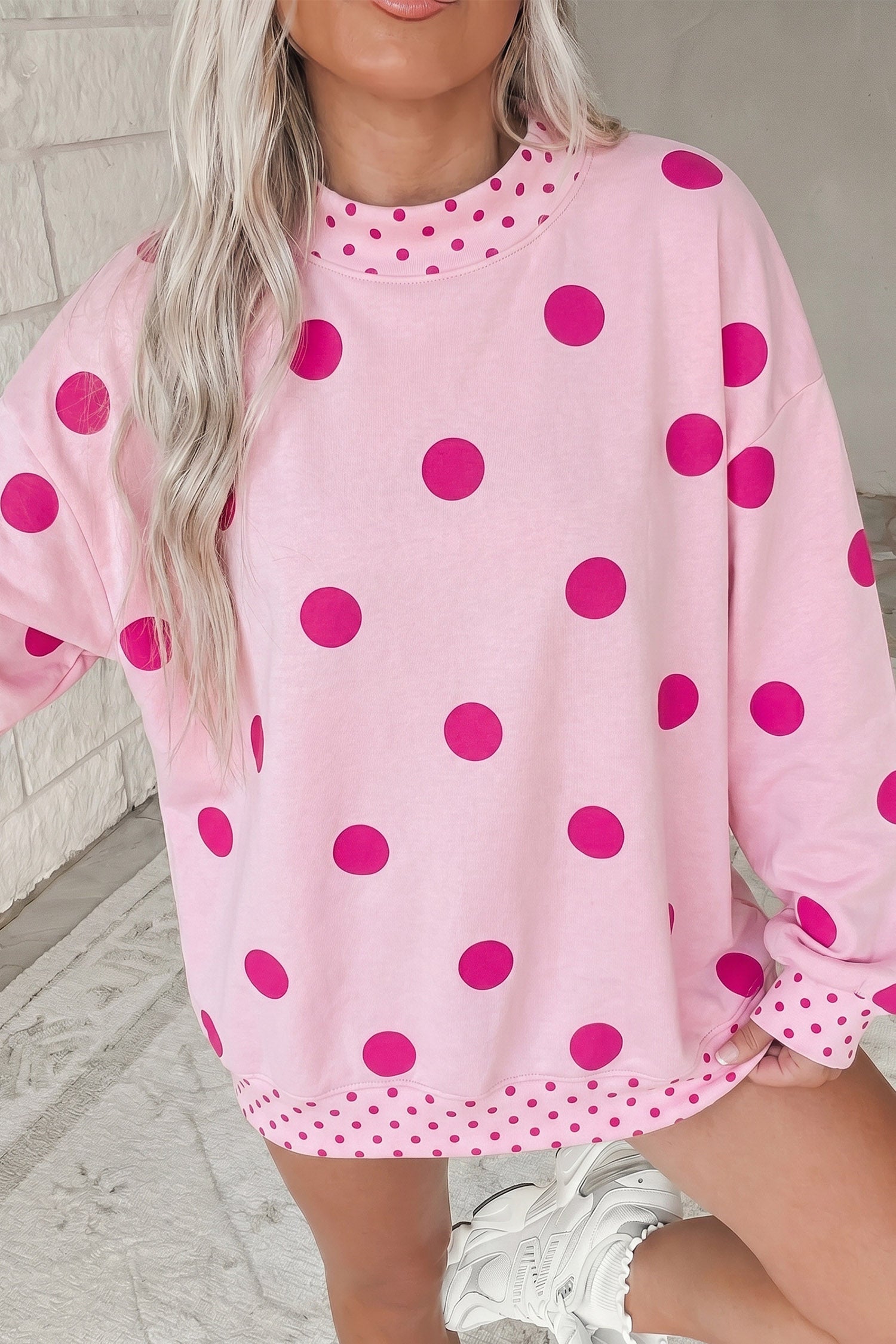 Pink Polka Dot Print Contrast Detail Oversized Tunic Sweatshirt