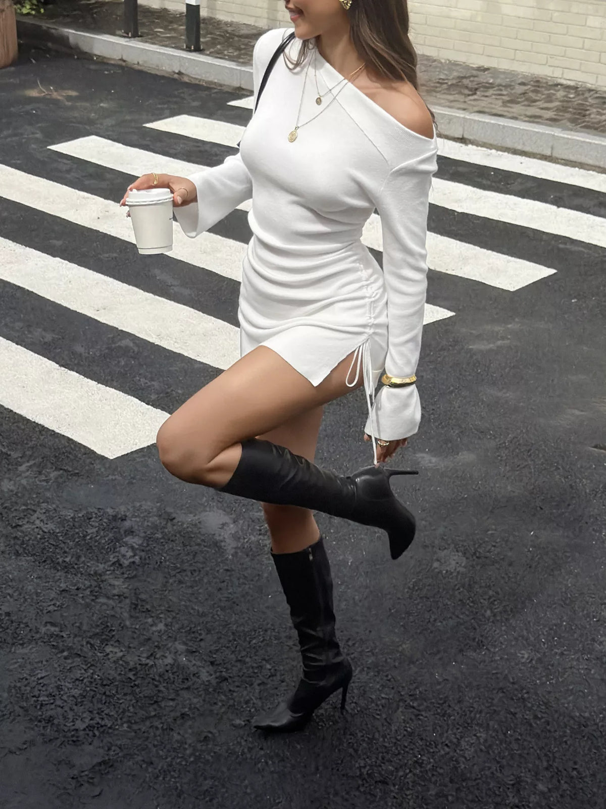 Side Drawstring Ruched Bodycon Knit Dress
