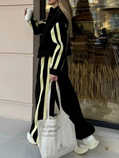 Contrast Striped Zip Up Top and Pants Set