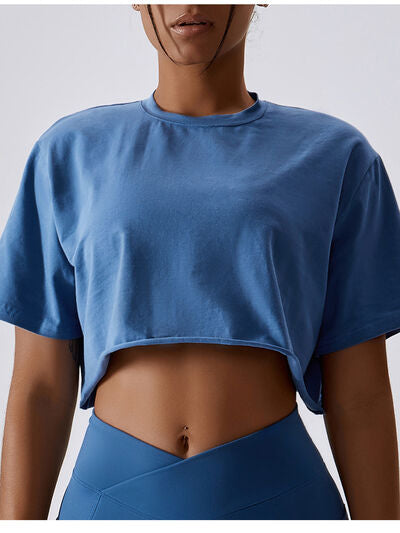 Blue Zone Planet | Cropped Round Neck Short Sleeve Active Top