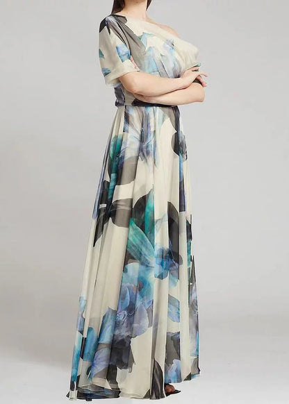 Sky Blue Asymmetrical Print Chiffon Long Dresses
