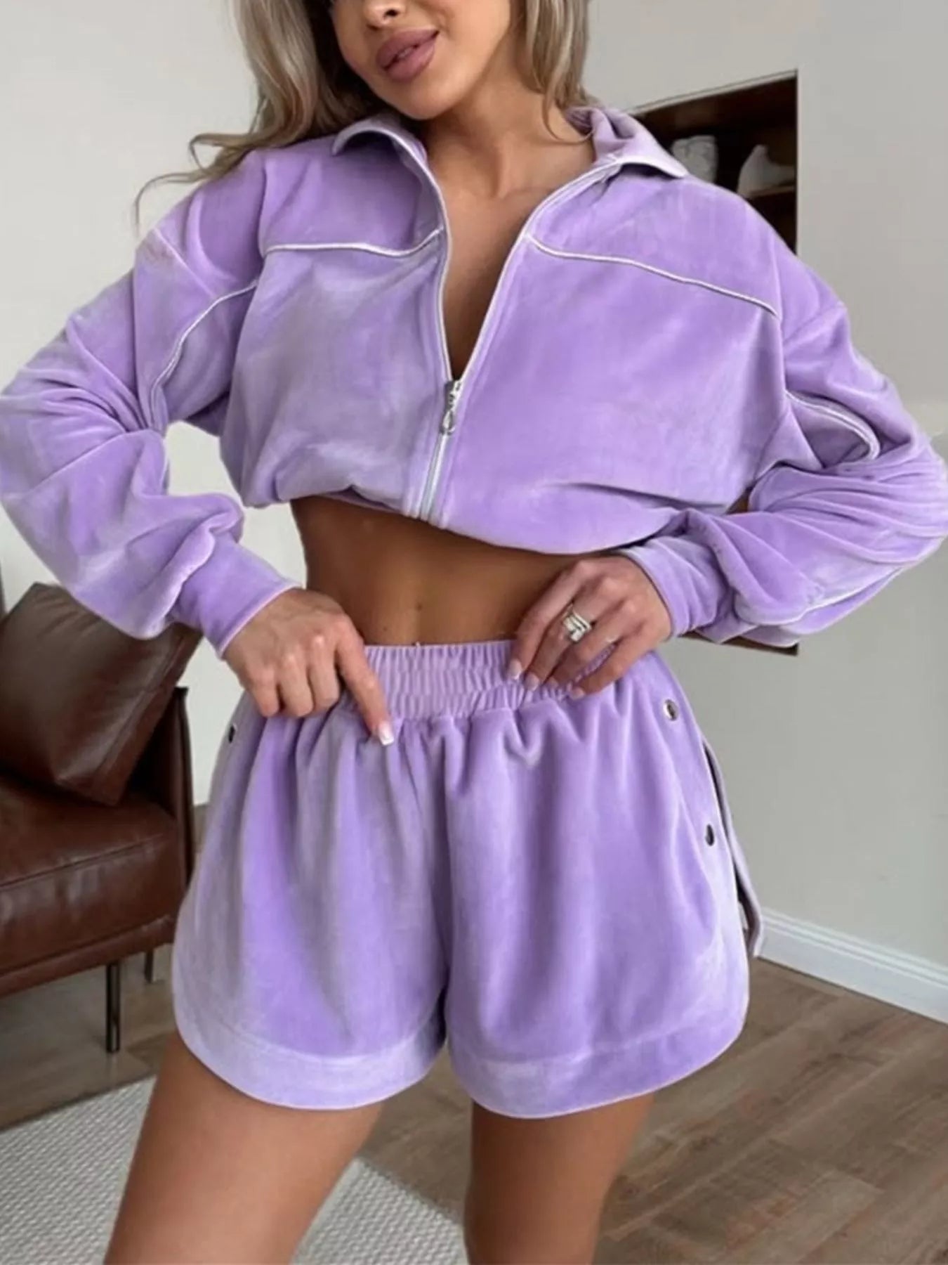 Zip-Up Outerwear and Shorts Set