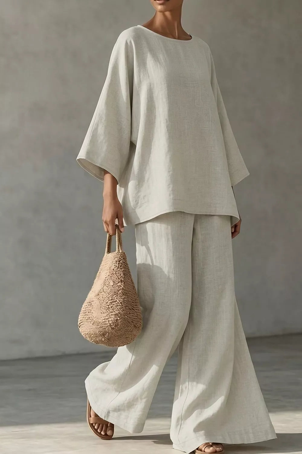 Linen Boat Neck Top and Wide-Leg Pants Set
