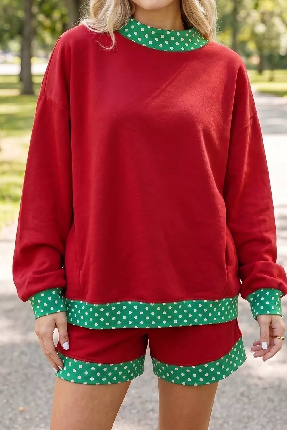 Polka Dot Trim Sweatshirt and Shorts Set
