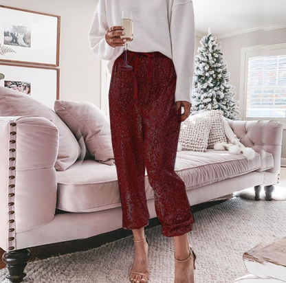Drawstring Mid Waist Glitter Sequin Pants
