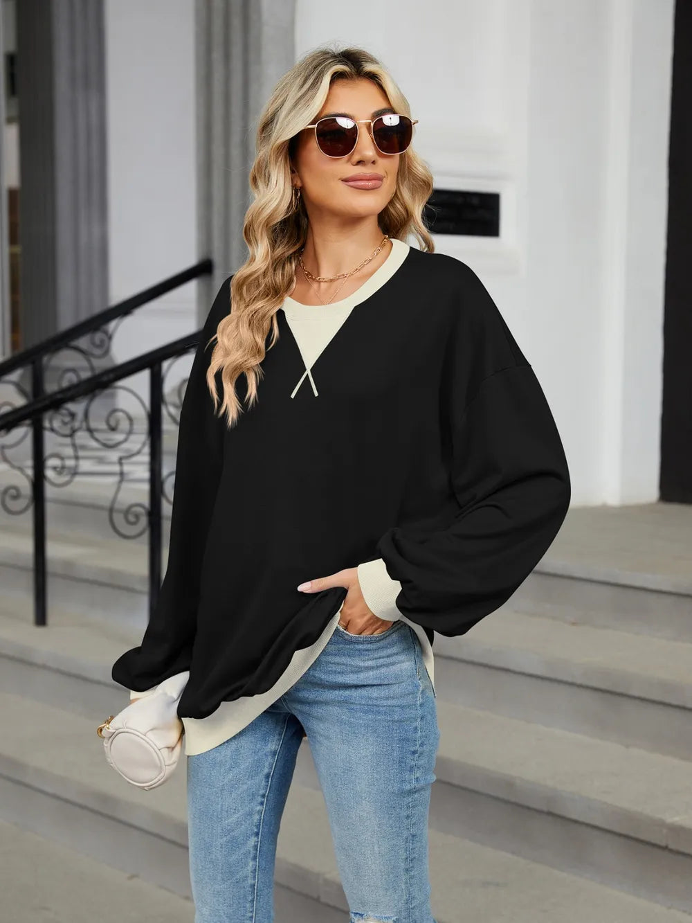 Contrast Round Neck Long Sleeve Sweatshirt