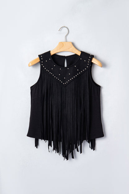 Black Western Fringe Rivet Paneling Bust Sleeveless Top