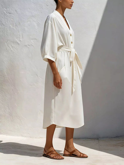 Full Size Tie Waist V-Neck Midi Dress Plus Size
