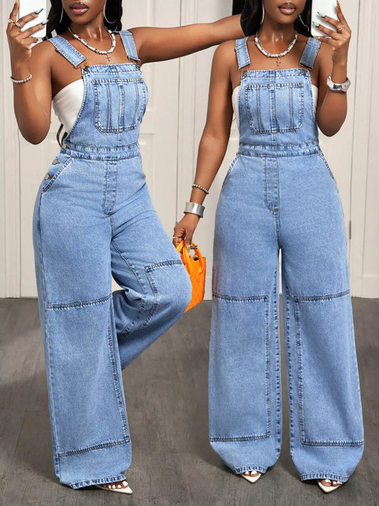 Wide Strap Wide Leg Denim Overalls
