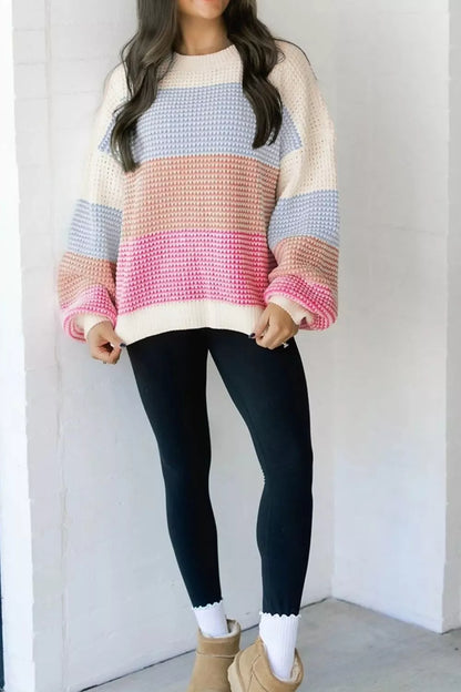Color Block Waffle Knit Drop Shoulder Round Neck Long Sleeve Sweater