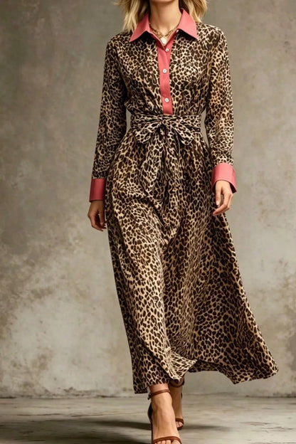 Leopard Print Belted Maxi Shirt Dress