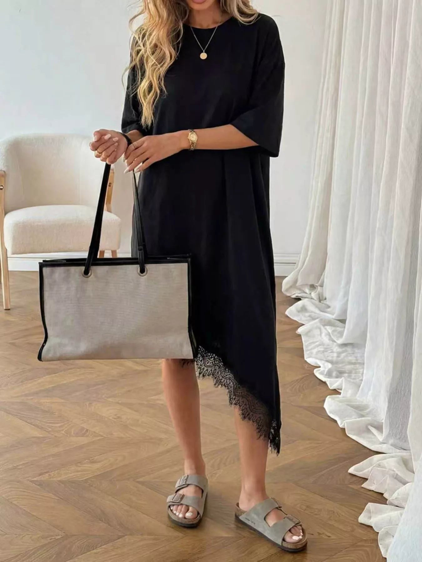 Lace Trim Asymmetrical Hem T-shirt Dress
