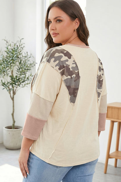 Apricot Camouflage Panel Twist Rib Sleeve Round Neck Loose Fit Plus Size Blouse