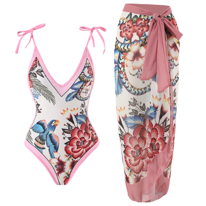 Floral Print V Neck Tie Shoulder One-piece Swimwear and Wrap Cover Up Skirt Set Pink