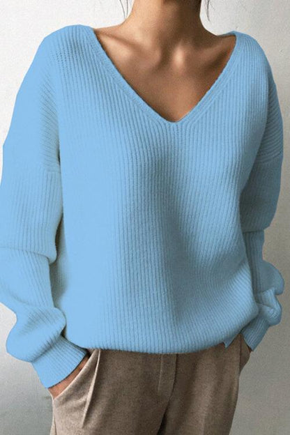 Solid V Neck Irregular Hem Knit Pullovers Blue OneSize
