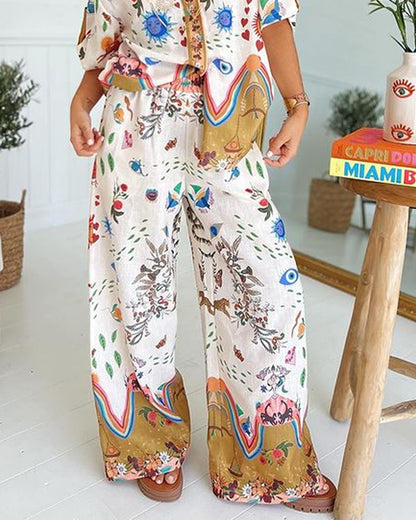 Fashion Printed Short Sleeve Shirt & Pants Two-piece Set