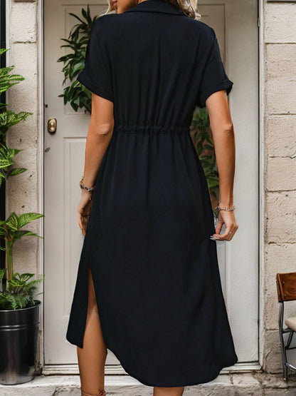 Blue Zone Planet | Eden's Slit Drawstring Button Up Short Sleeve Midi Dress