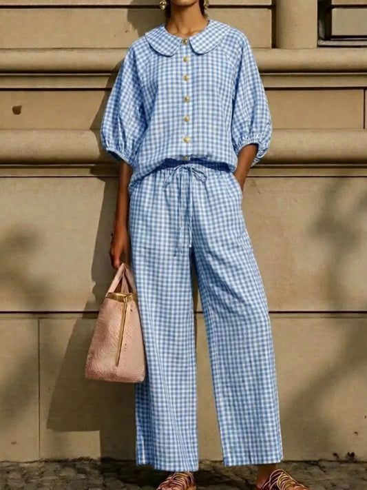 Full Size Plaid Button Up Shirt and Pants Set Plus Size