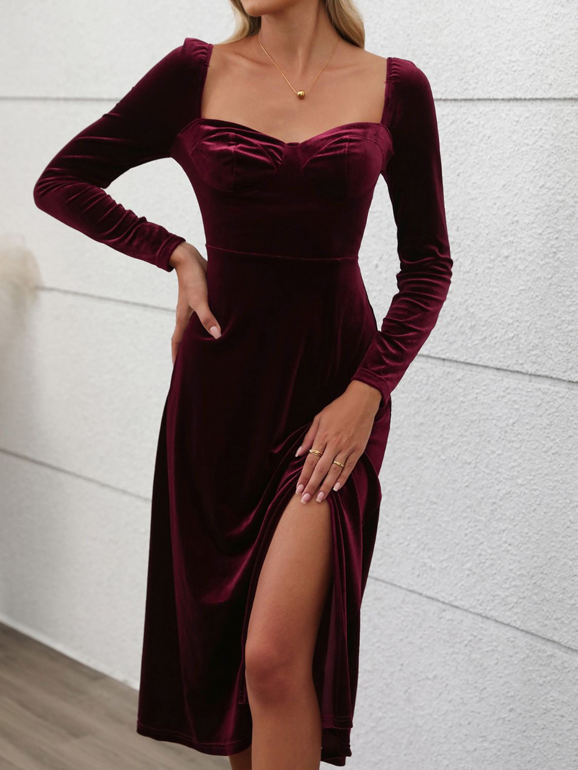 Blue Zone Planet | Perfee Sweetheart Neck Long Sleeve Midi Dress