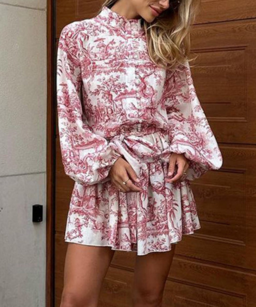 Seaside Print Puff Sleeve Mini Dress