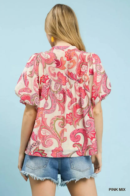 Umgee Mix Paisley Print Peasant Top with Tie Neck