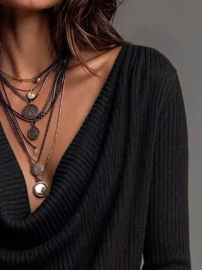 Ribbed Cowl Neck Knit Top